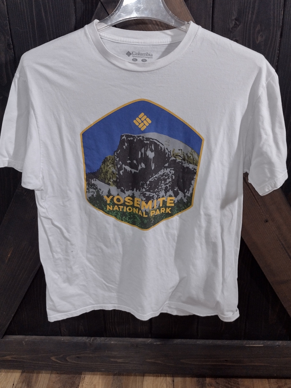 Columbia White Tee with Blue and Yellow Yosemite Graphic